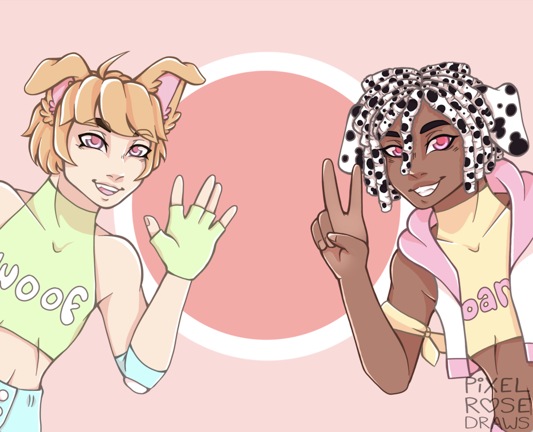 A colorful illustration of Pixel's characters, Owen and Jeremiah. They're smiling, waving, and holding up peace signs in front of a pink background.